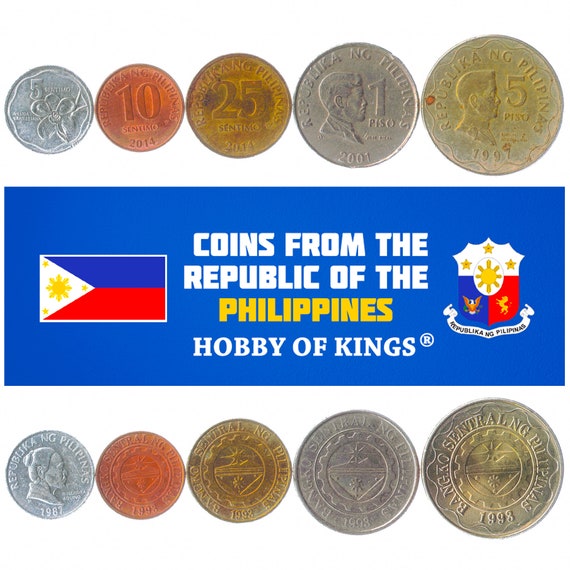 5 Different Coins from Philippines. Old Collectible Money From Asia. Foreign Currency: Pesos