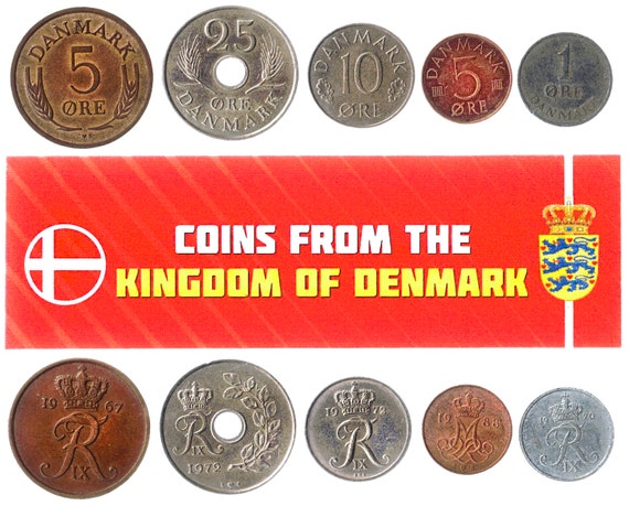 5 Danish Coins. Different Coins. Scandinavia. Foreign Currency, Valuable Money