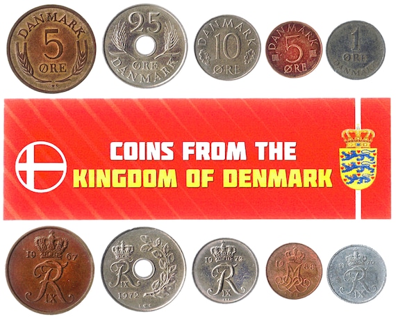 5 Danish Coins. Different Coins. Scandinavia. Foreign Currency, Valuable Money