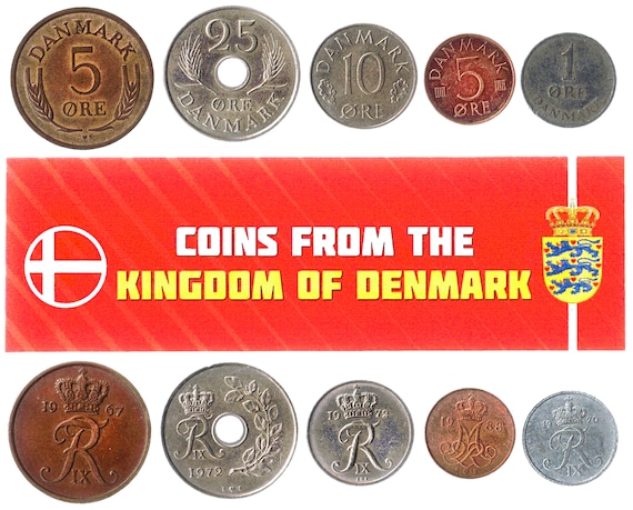 5 Danish Coins. Different Coins. Scandinavia. Foreign Currency, Valuable Money