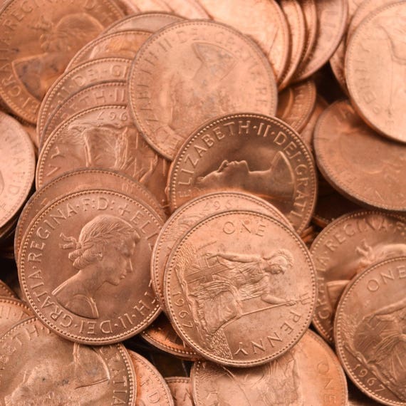 Lot of 10 Great Britain UK One Penny Coins, Queen Elizabeth II 1953 - 1970