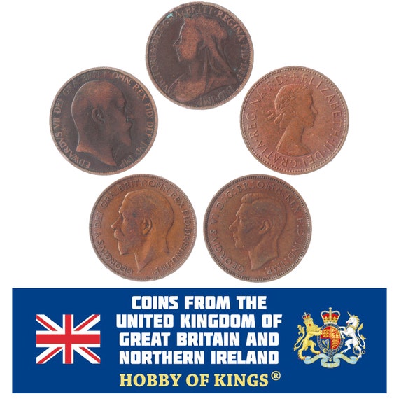Set of 5 Coins from United Kingdom: 1 Penny. Old Collectible British Money. England Currency. Kings and Queens 1895-1970