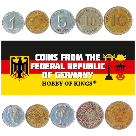 5 Different Coins from Germany 1871-1950. Old Collectible Money from Numismatic Periods: East and West Germany, German Empire