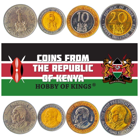 Set of 4 Coins from Kenya: 1, 5, 10, 20 Shillings. Collectible African Currency, Old Kenyan Money Collection