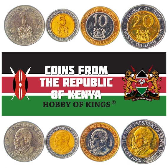 Set of 4 Coins from Kenya: 1, 5, 10, 20 Shillings. Collectible African Currency, Old Kenyan Money Collection