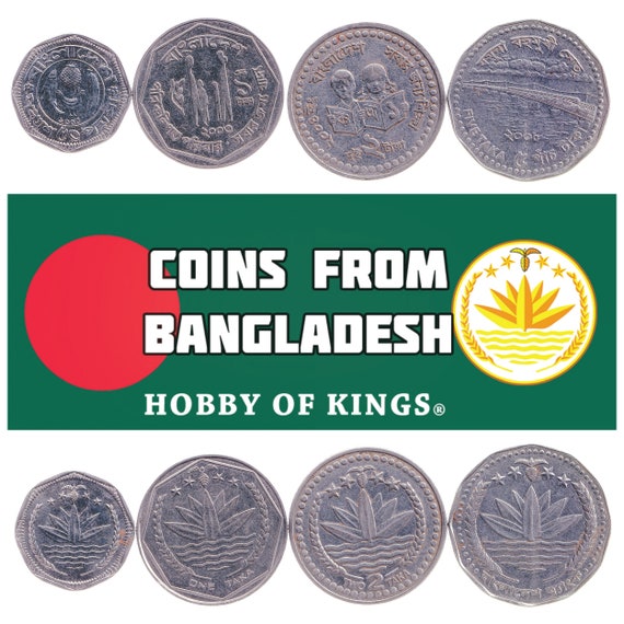 4 Coins Set from the  People's Republic of Bangladesh. Asian Currency: 50 Poisha, 1, 2, 5 Taka since 1996