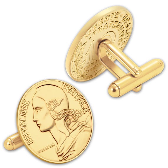 18k gold plated Cufflinks with Genuine French 10 Centimes Coins | Marianne | Genuine Coin Links | France Cuffs fasteners | shirt fasteners