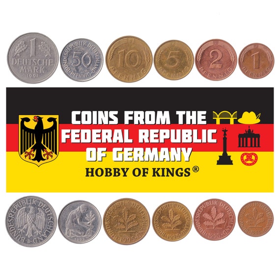 German 6 Coin Set 1 2 5 10 50 Pfennig 1 Deutsche Mark | Eagle | Oak Seedling | Germany | 1990 - 2001