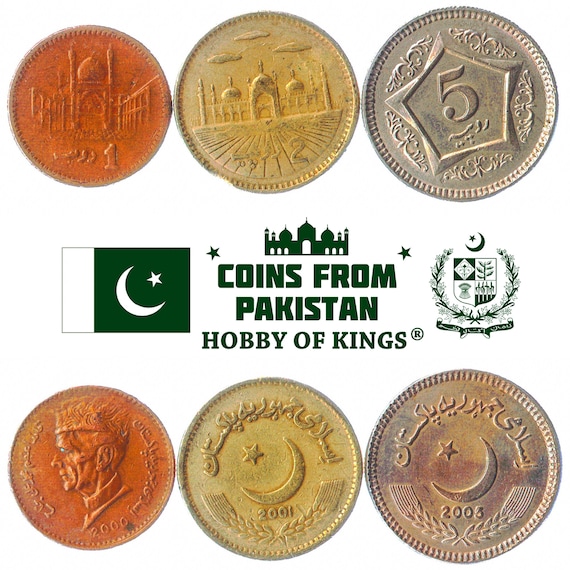 Set of 3 Coins from Pakistan: 1, 2, 5 Rupees. Collectible Middle Eastern Currency, Old Pakistani Money Collection Since 1998