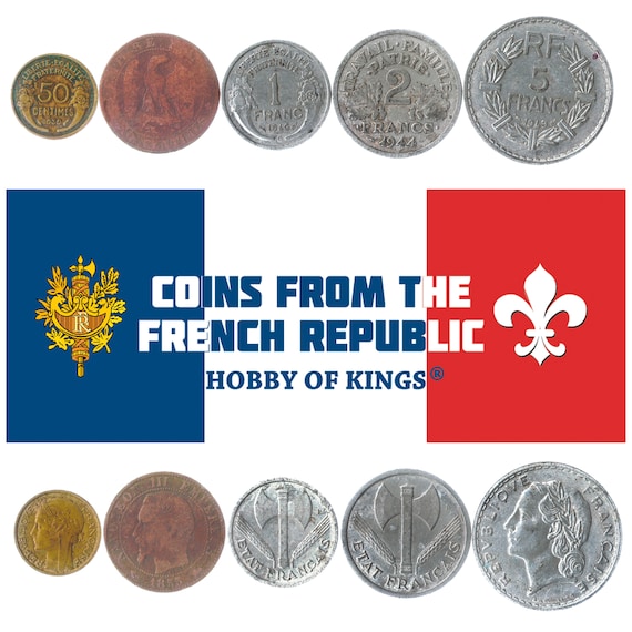 5 Different Coins from France 1852-1950. Old Collectible Money. French Numismatic Periods: Napoleon III, 3rd And 4th Republics, Vichy France