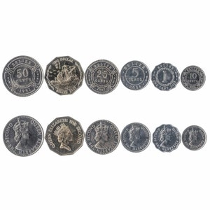 May include: A collection of Belizean coins featuring Queen Elizabeth II and various denominations, including 1, 5, 10, 25, 50 cents and one dollar.