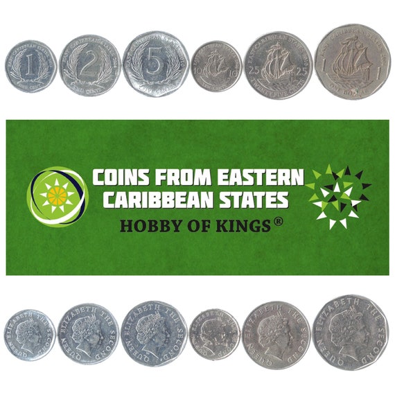 Set of 6 Coins from Eastern Caribbean States: 1, 2, 5, 10, 25 Cents, 1 Dollar. Old Collectible Foreign Currency from OECS