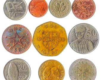 10 pièces de monnaie ghanéennes différentes d&#39;Afrique de l&#39;Ouest - Ghana. Vieil argent africain, monnaie de collection : pesewa, cédi