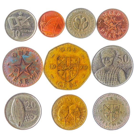 10 Different Ghanaian Coins from West Africa – Ghana. African Old Money, Collectible Currency: Pesewa, Cedi