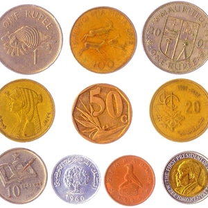 May include: A collection of nine different coins from around the world. The coins are made of various metals and feature different designs, including a portrait of a woman, a bird, and a coat of arms. The coins are all in good condition and have a variety of colors, including gold, silver, and copper.