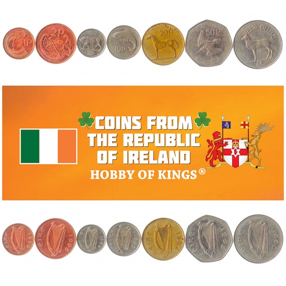 Irish 7 Coin Set 1 2 5 10 20 50 Pence 1 Pound | Bull | Horse | Red Deer | American Woodcock | Salmon | Celtic Harp | Ireland | 1986 - 2000