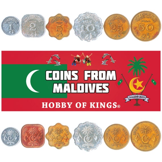 Maldivian 7 Coin Set 1 5 10 25 50 Laari 1 2 Rufiyaa | Bonitos | Loggerhead Sea Turtle | Malé Friday Mosque | Palm | Maldives | 1984 - 2001