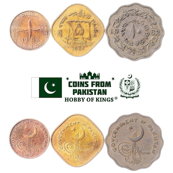 Set of 3 Coins from Pakistan: 1, 5, 10 Paisa. Collectible Middle Eastern Currency, Old Pakistani Money Collection 1961-1963