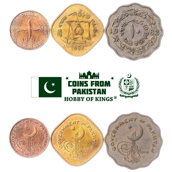 Set of 3 Coins from Pakistan: 1, 5, 10 Paisa. Collectible Middle Eastern Currency, Old Pakistani Money Collection 1961-1963