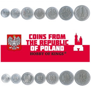 7 Coins from Poland. Money Set: 1, 2, 5, 10, 20, 50 Groszy, 1 Zloty. Old Collectible Polish Currency. 1949