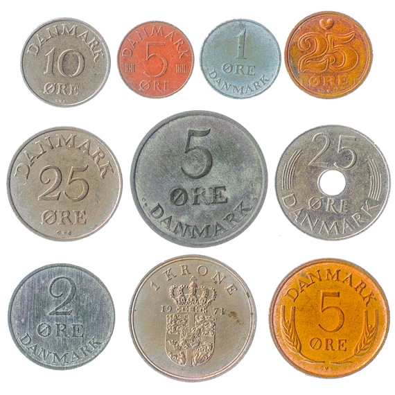 10 Different Coins from Denmark. Danish Currency: øre, Krone, Kroner. Old Collectible Money since 1947