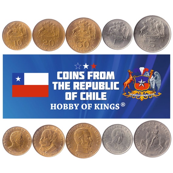 Chilen 5 Coin Set 10 20 50 Centesimos 1 5 Escudos | Old Collectible Chile Currency | Famous Figures Preidents Heroes Leaders  1971 - 1972