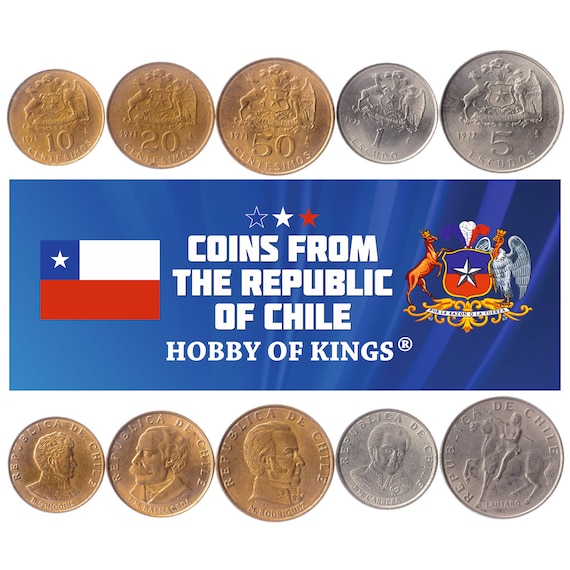 Chilen 5 Coin Set 10 20 50 Centesimos 1 5 Escudos | Old Collectible Chile Currency | Famous Figures Preidents Heroes Leaders  1971 - 1972