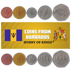 Conjunto de 5 monedas de Barbados. 1, 5, 10, 25, Centavos, 1 Dólar. Moneda, Dinero del Caribe desde 1973