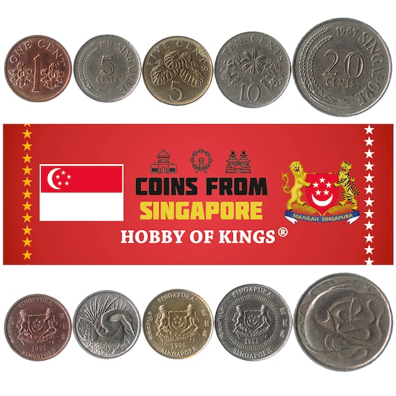 5 Different Coins from Singapore. Old Collectible Money From Asia. Foreign Currency
