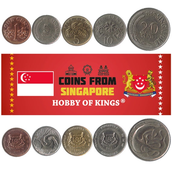 5 Different Coins from Singapore. Old Collectible Money From Asia. Foreign Currency