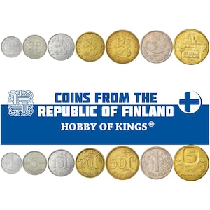 Finnish 7 Coin Set 1 5 10 20 50 Penniä 1 5 Markkaa | Tree | Icebreaker | Saint Hannes Cross | Finland | 1977 - 1993