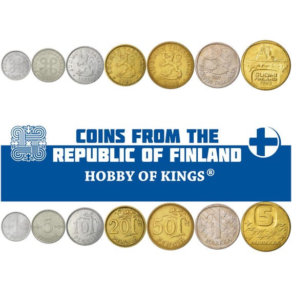 Finnish 7 Coin Set 1 5 10 20 50 Penniä 1 5 Markkaa | Tree | Icebreaker | Saint Hannes Cross | Finland | 1977 - 1993