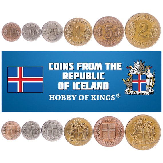 Icelander 6 Coin Set 1 Eyrir 5 10 25 Aurar 1 2 Krónur | Landvættir | Iceland | 1946 - 1975