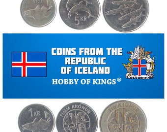 3 Different Coins from Iceland. Old Collectible Money. Icelandic Currency: 1 Krona, 5 and 10 Kronur