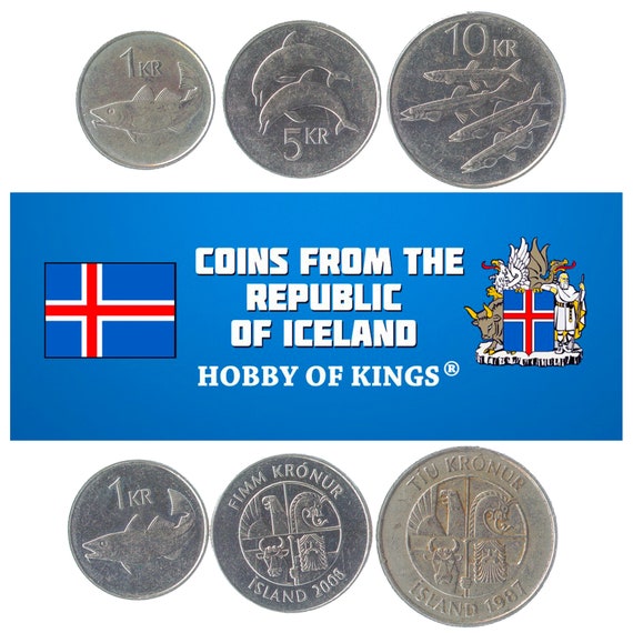 3 Different Coins from Iceland. Old Collectible Money. Icelandic Currency: 1 Krona, 5 and 10 Kronur