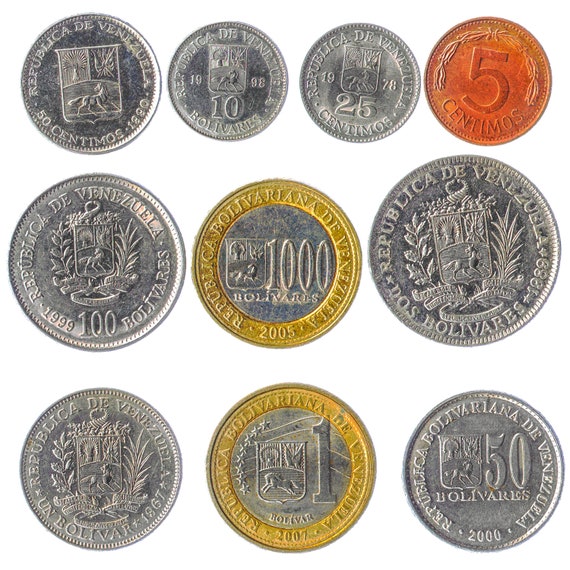 Different 10 Coins from the Bolivarian Republic of Venezuela. South American Old Collectible Money. Currency: Centimos, Bolivares