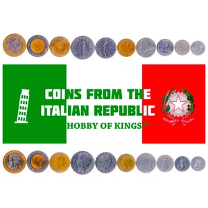 Italian 10 Coin Set 1 Lira 2 5 10 20 50 100 200 500 1000 Lire | Bee | Dolphin | Gear | Plough | Vulcan | Scales | Iron | Anvil | 1951 - 2001