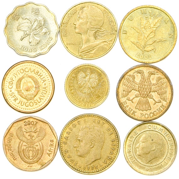 Set of 9 Coins From 9 Different Countries. Foreign Coins Set, Only Brass Coins
