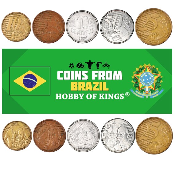 5 Mixed Brazilian Coins | Centavos | Cruzeiros | Latin American Money | Collectible Currency | Famous Personalities