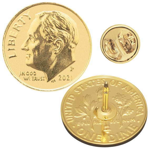 USA Coin Pin Brooch Badge | Butterfly Clutch Fastener | Vintage Collectible Jewelry | Genuine One Dime | Roosevelt Dime