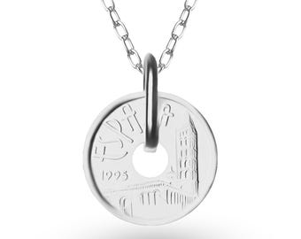 Espagnole 5 Pesetas Castille-et-León Collier pendentif médaille | Pièce porte-bonheur en plaqué argent rhodié | 1995