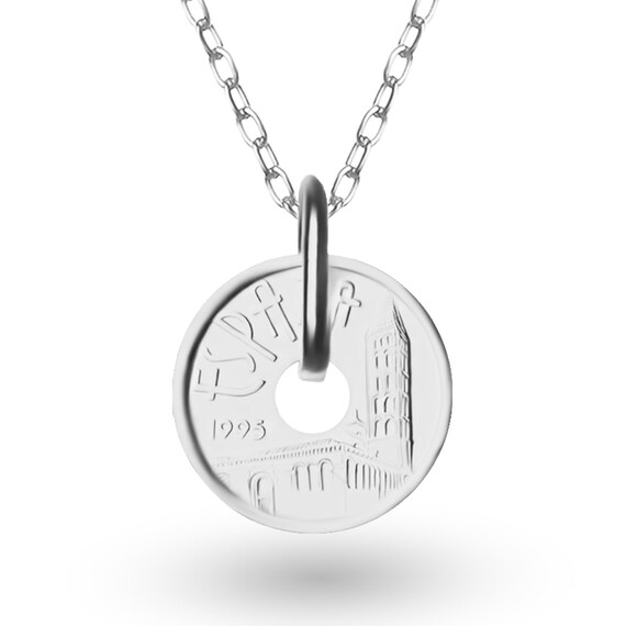 Spanish 5 Pesetas Castile and Leon Coin Medallion Necklace Pendant | Rhodium Silver Plated Lucky Coin | 1995
