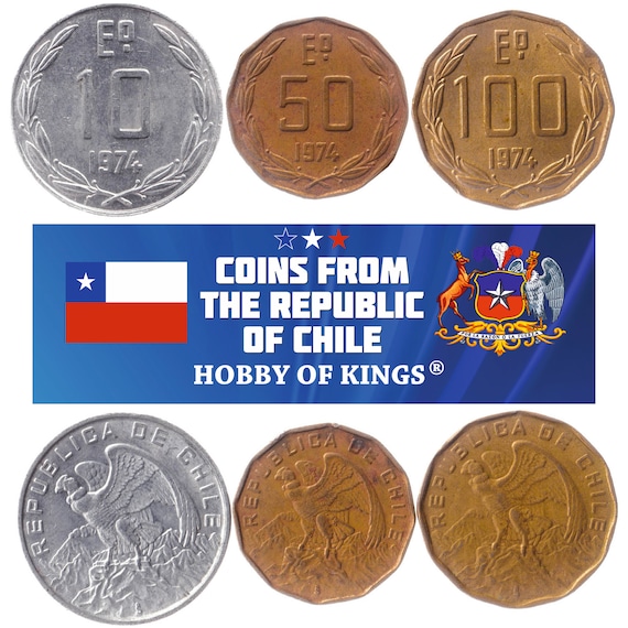 Chilean 3 Coins Set 10 50 100 Escudos | Old Collectible Latin America Chile Currency valuable Money Andean Condor 1974 - 1975