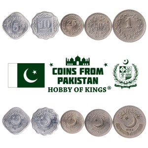 Set of 5 Coins from Pakistan: 5, 10, 25, 50 Paisa, 1 Rupee. Collectible Middle Eastern Currency, Old Pakistani Money Collection 1981-1996