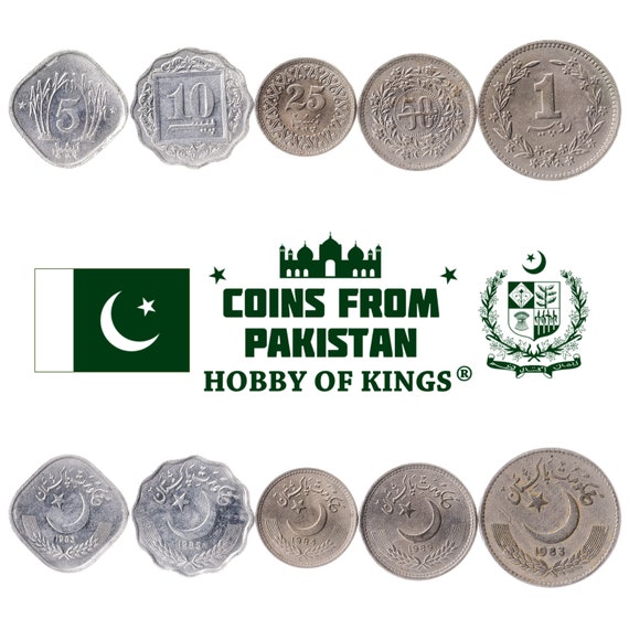 Set of 5 Coins from Pakistan: 5, 10, 25, 50 Paisa, 1 Rupee. Collectible Middle Eastern Currency, Old Pakistani Money Collection 1981-1996