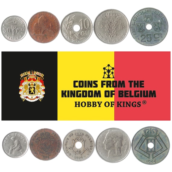 5 Different Coins from Belgium 1865-1950. Old Collectible Money, Numismatic Periods: Kings Leopold II, Albert I, Leopold III, Baudouin I