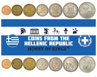 Greek 7 Coin Set 50 Lepta 1 2 5 10 20 50 Drachmes | Aristotle | Democritus | Solon | Pericles | Athena-Nike | Atom | Greece | 1982 - 1988