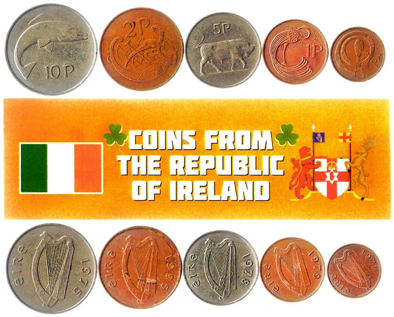 5 Different Irish Coins. Old Money From Ireland. Foreign Currency from Island: Penny, Scilling image 3