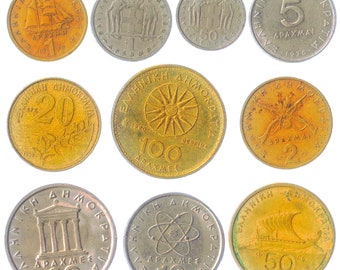 ギリシャのコイン：ギリシャ共和国のドラクマ、レプタ、古代のシンボル