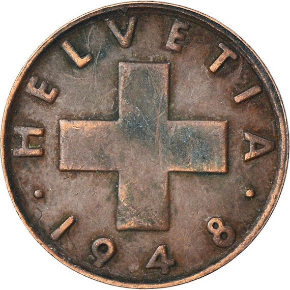 Swiss Coin Switzerland 2 Rappen | Wheat Spike | Swiss Cross | 1948